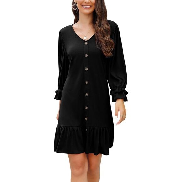 Women's Casual Ruffle Hem Button Down Long Sleeve Swing Mini Dress Size Medium - Picture 1 of 6